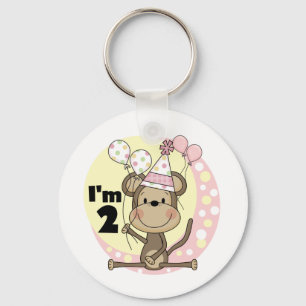 Girl Monkey in Party Hat 2nd Birthday Key Ring