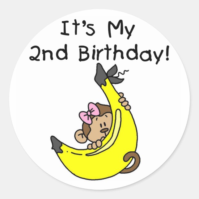 Girl Monkey on Banana 2nd Birthday Tshirts Classic Round Sticker (Front)