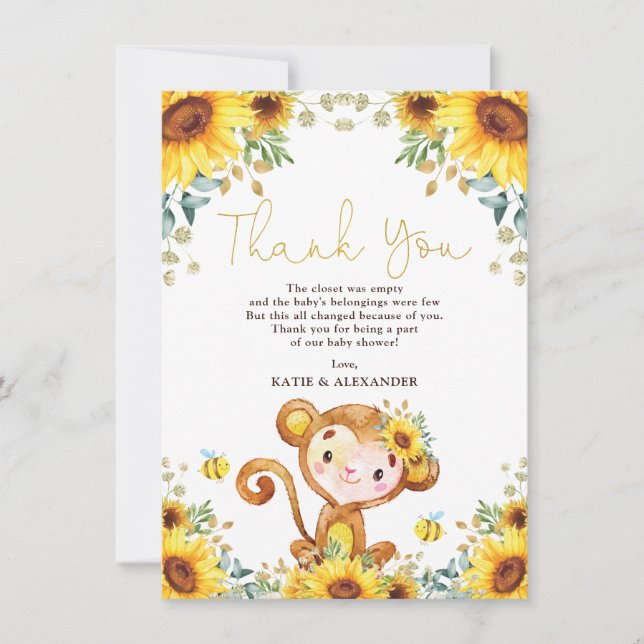 Girl Monkey Summer Sunflower Garden Baby Shower Thank You Card (Front)