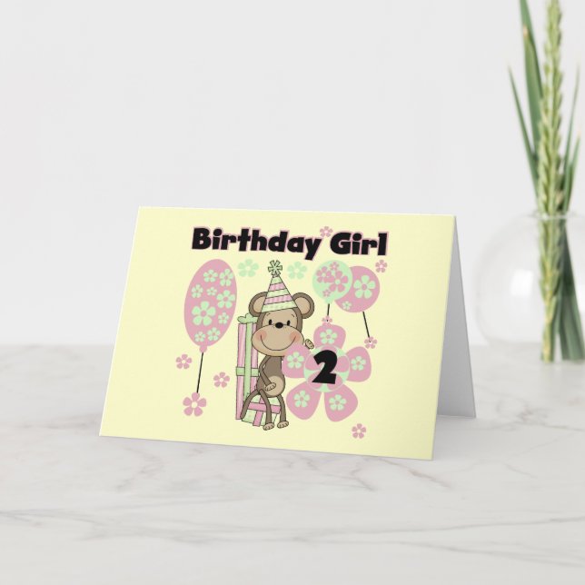 Girl Monkey With Gifts 2nd Birthday Tshirts Card (Front)