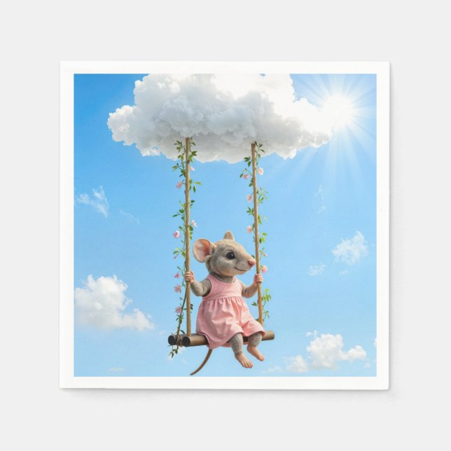 Girl Mouse In a Pink Dress On a Swing Napkin (Front)