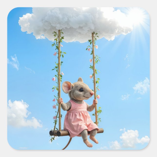 Girl Mouse On a Summer Swing Square Sticker (Front)