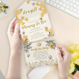 Girl Mummy to Bee Cute Honeycomb Baby Shower All In One Invitation