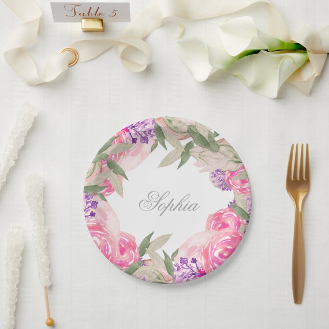  Girl Name Baptism Christening Floral  Paper Plate (Wedding)