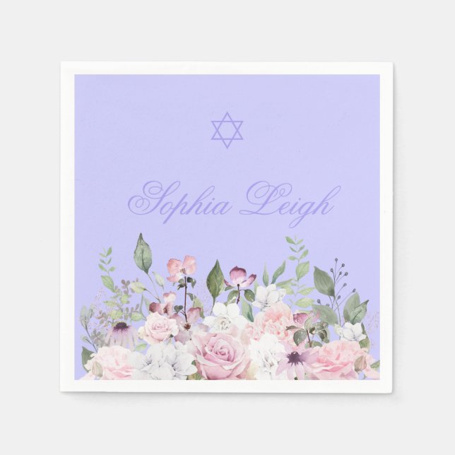 Girl Naming Jewish Purple Floral Napkin (Front)