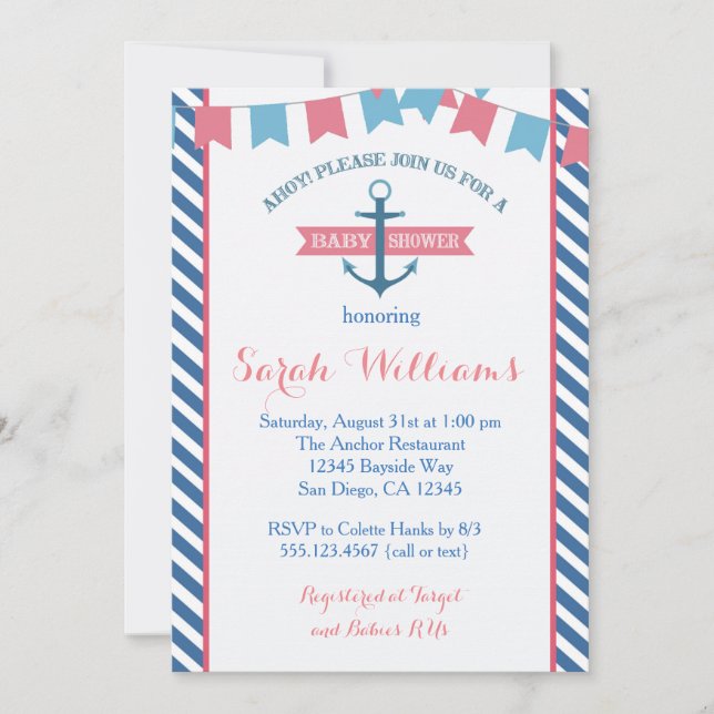 Girl Nautical Baby Shower Invitation Pink and Blue (Front)