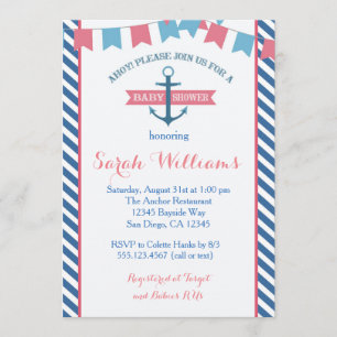 Girl Nautical Baby Shower Invitation Pink and Blue