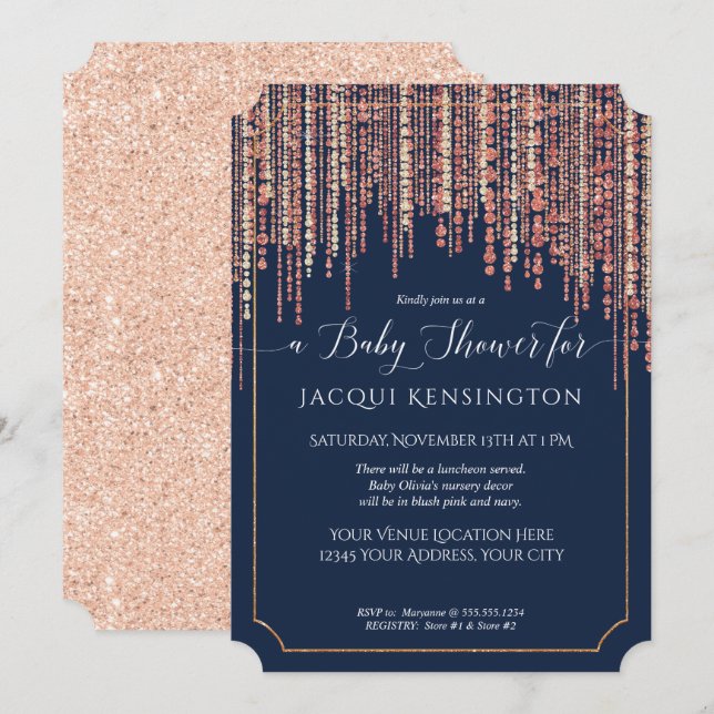 Girl Navy Fringe Rose Gold Glitter Baby Shower Invitation (Front/Back)