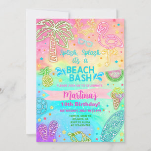 Girl neon beach bash birthday summer invitation. invitation