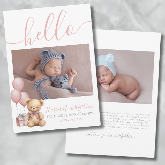 Girl Newborn Bear Birth Photo Baby Announcement (Baby Girl Newborn Photo Birth Announcement)