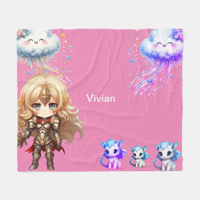 Girl night protecting baby dragons fleece blanket (Front (Horizontal))