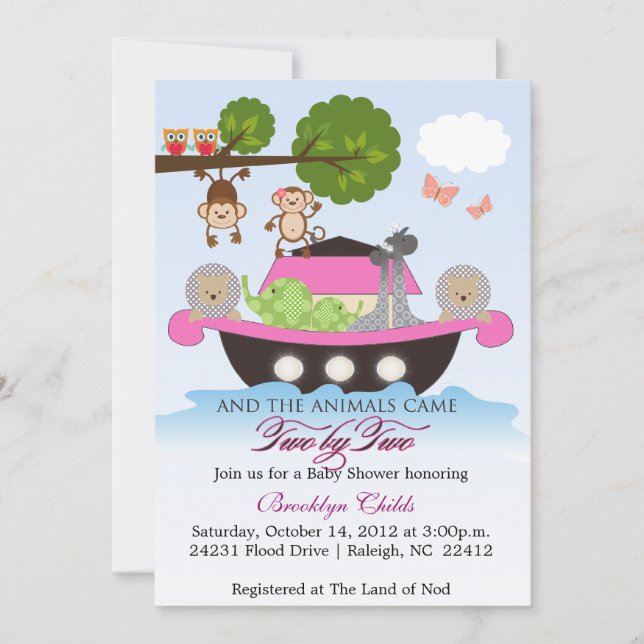 Girl Noah's Ark Sets Sail Baby Shower Invitation (Front)