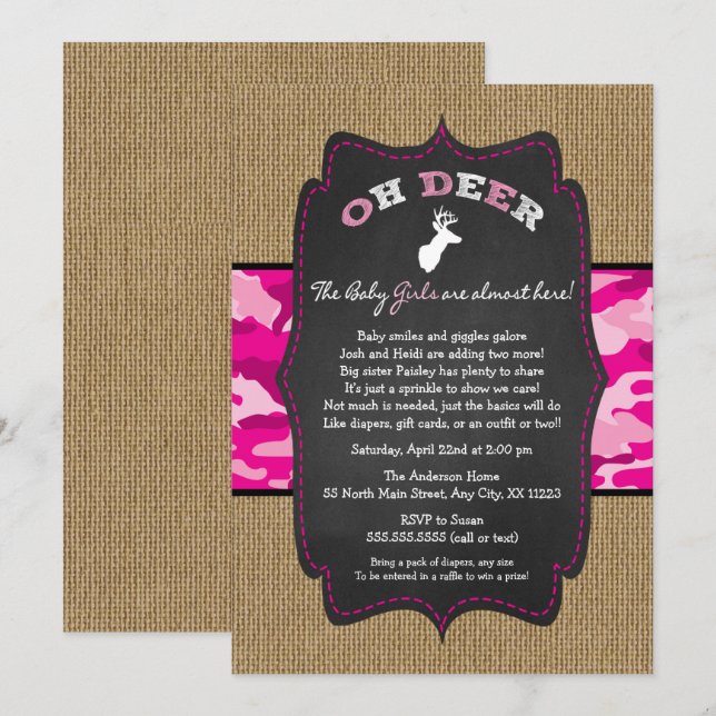 GIRL Oh Deer twins Baby Sprinkle with camo  Invitation (Front/Back)