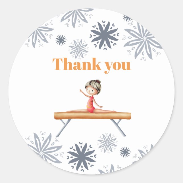 Girl on a Beam Grey and Orange Thank You Classic Round Sticker (Front)