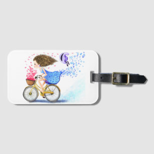 Girl On A Bike Luggage Tag Romantic Love Hearts