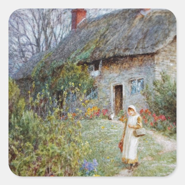 Girl on a Cottage Path Square Sticker (Front)