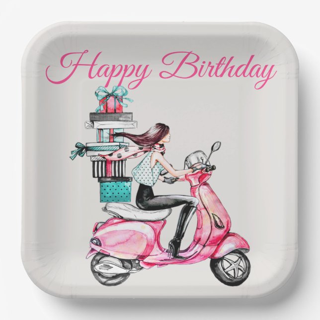 Girl on a Scooter with Presents Paper Plate (Front)