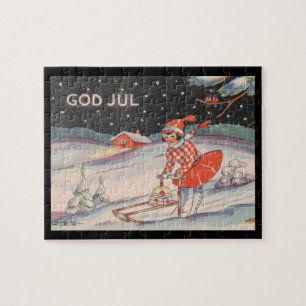 Girl on a sled, snow - vintage Christmas Jigsaw Puzzle