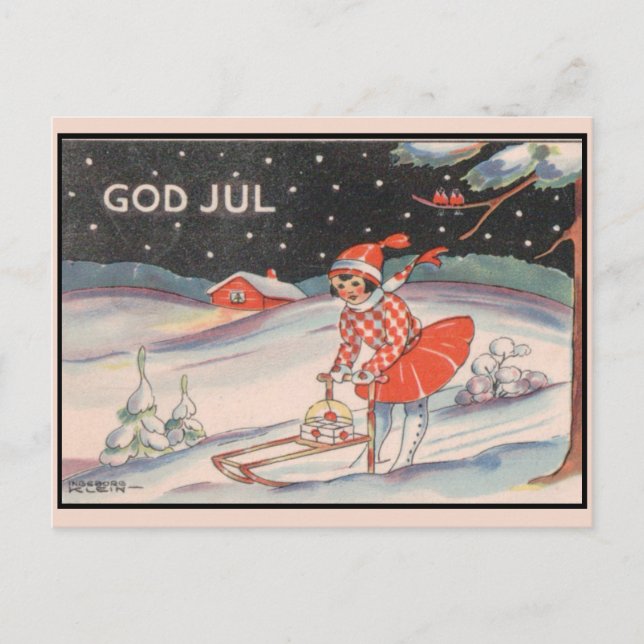 Girl on a sled, snow - vintage Christmas Postcard (Front)