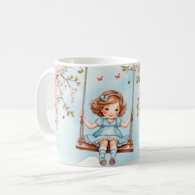 Girl on a swing Cherry Blossoms Coffee Mug (Front Left)