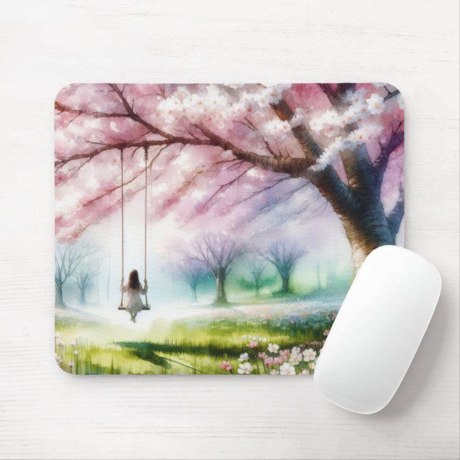 Girl On a Swing In Cherry Blossoms Mouse Mat (With Mouse)