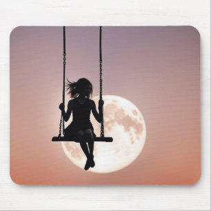 Girl On a Swing Silhouette On a Moon Mouse Mat