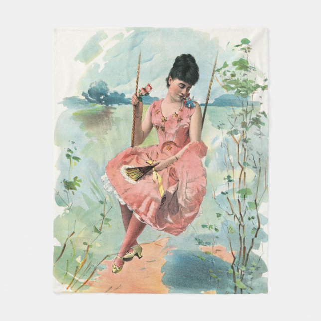 GIRL ON A SWING VINTAGE DESIGN FLEECE BLANKET (Front)
