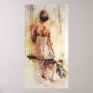 Girl on a swing watercolor poster