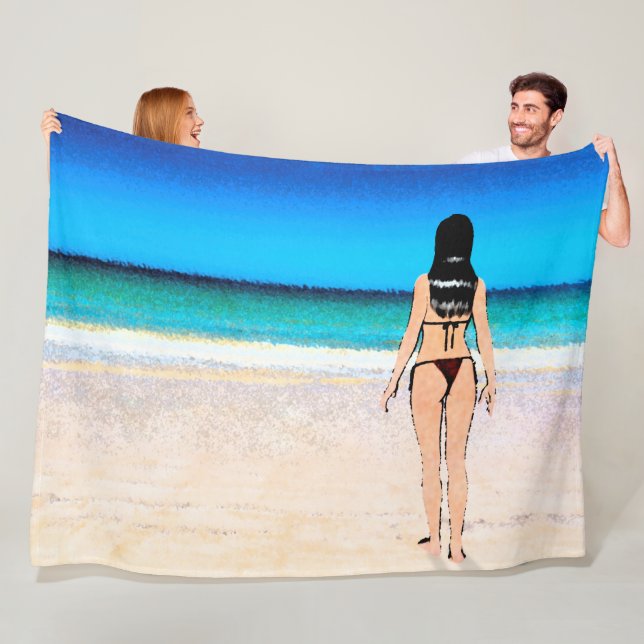 Girl on Beach Wearing a Bikini Painting Fleece Blanket (In Situ)