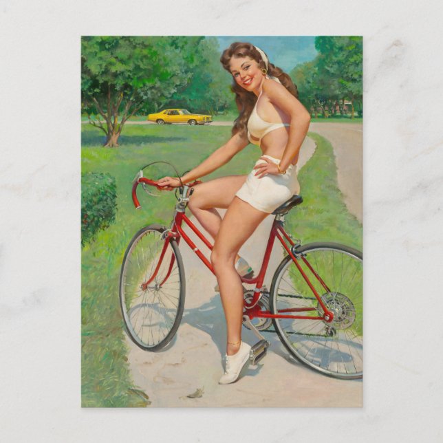 Girl on Bicycle Pin Up Postcard (Front)