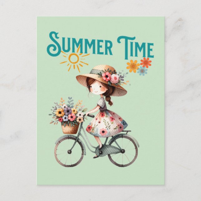 Girl on Bicycle with Flowers Summer Postcard (Front)