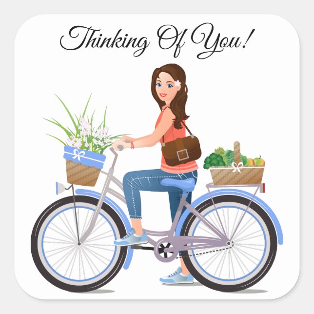 Girl On Blue Bicycle Basket Of Flowers & Vegetable Square Sticker (Front)