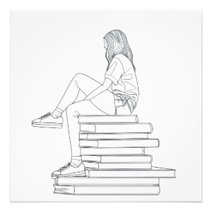Girl on Books Line Art Photo Print