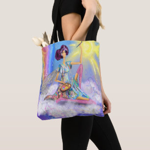 Girl on Cloud Painting Sun and Rainbow - Fantasy Tote Bag