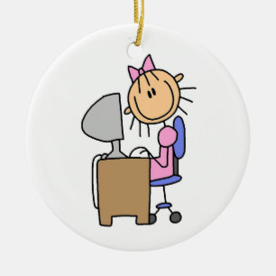 Girl on Computer Ceramic Tree Decoration