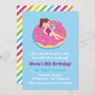 Girl on Doughnut Float Birthday Party Invitations