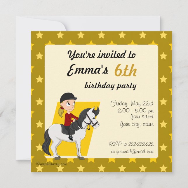 Girl on horse cartoon birthday print invites (Front)