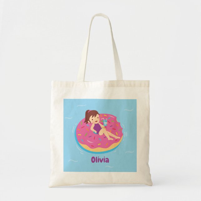 Girl on Rainbow Sprinkles Doughnut Pool Float Tote Bag (Front)