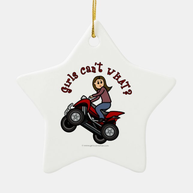 Girl on Red Four Wheeler Ceramic Tree Decoration (Front)