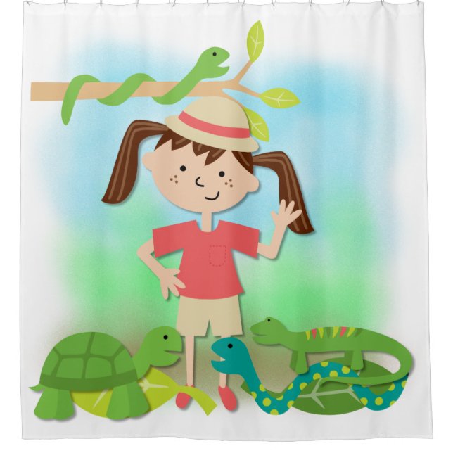 Girl on Reptile Safari Hike Shower Curtain (Front)