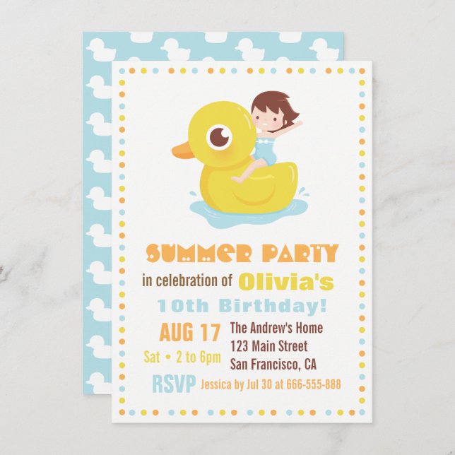 Girl on Rubber Duck Pool Float Kids Birthday Party Invitation (Front/Back)