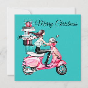 Girl on Scooter carrying Presents Card
