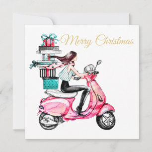Girl on Scooter carrying Presents  Card