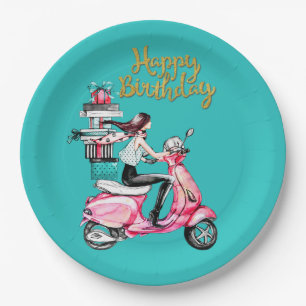 Girl on Scooter carrying Presents   Paper Plate