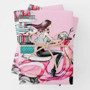 Girl on Scooter carrying Presents Wrapping Paper Sheet