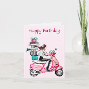 Girl on Scooter Happy Birthday Card