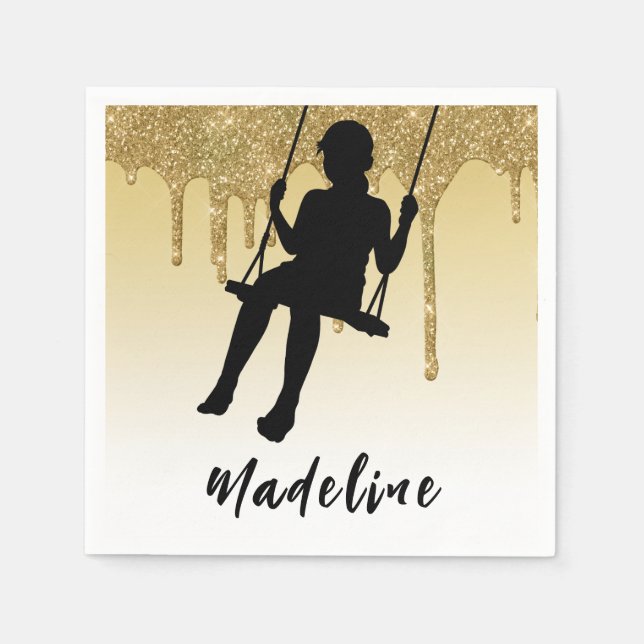 Girl on Swing Gold Glitter Drip Ombre  Napkin (Front)