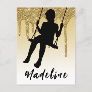 Girl on Swing Gold Glitter Drip Ombre   Postcard
