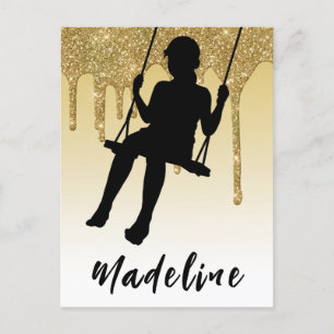 Girl on Swing Gold Glitter Drip Ombre Postcard