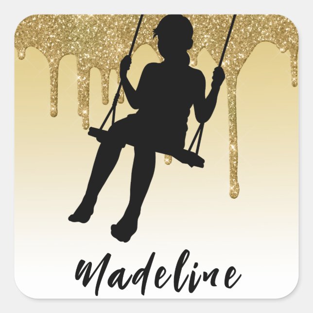 Girl on Swing Gold Glitter Drip Ombre    Square Sticker (Front)